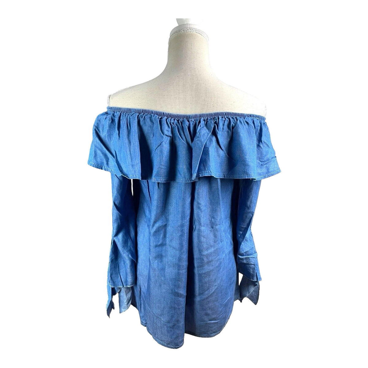 Quiz Off-Shoulder Blouse Women's UK Size M-L Blue Denim Style Ruffle Long Sleeve