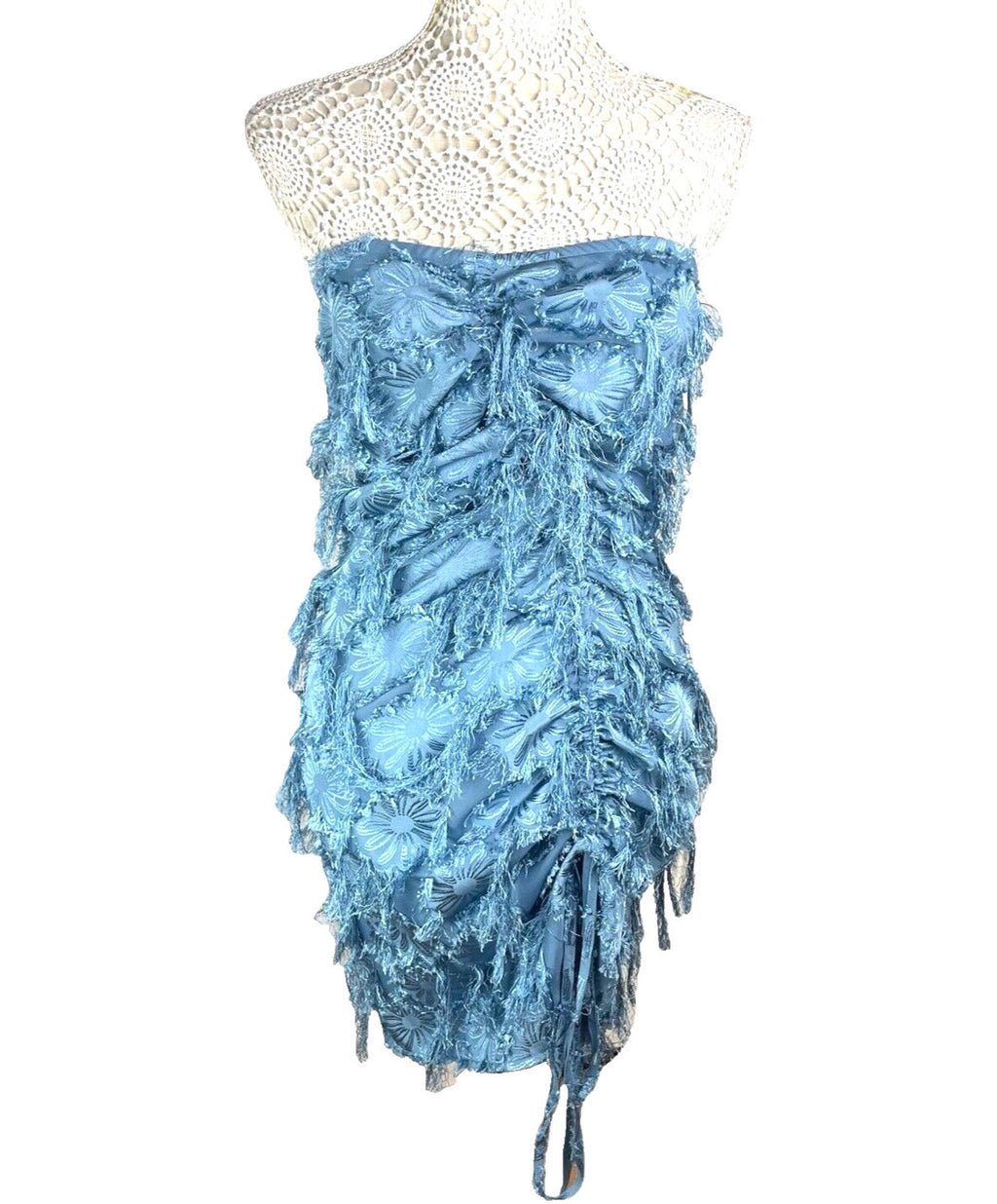 Pretty Little Thing Blue Faux Feather Off Shoulder Mini Dress Women's UK Size 8