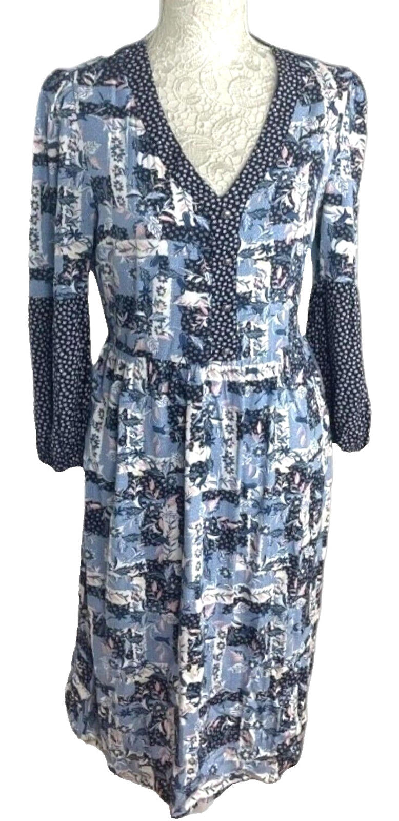 TU Floral Print Midi Dress Women's UK Size 10 Blue Long Bell Sleeve V-Neckline