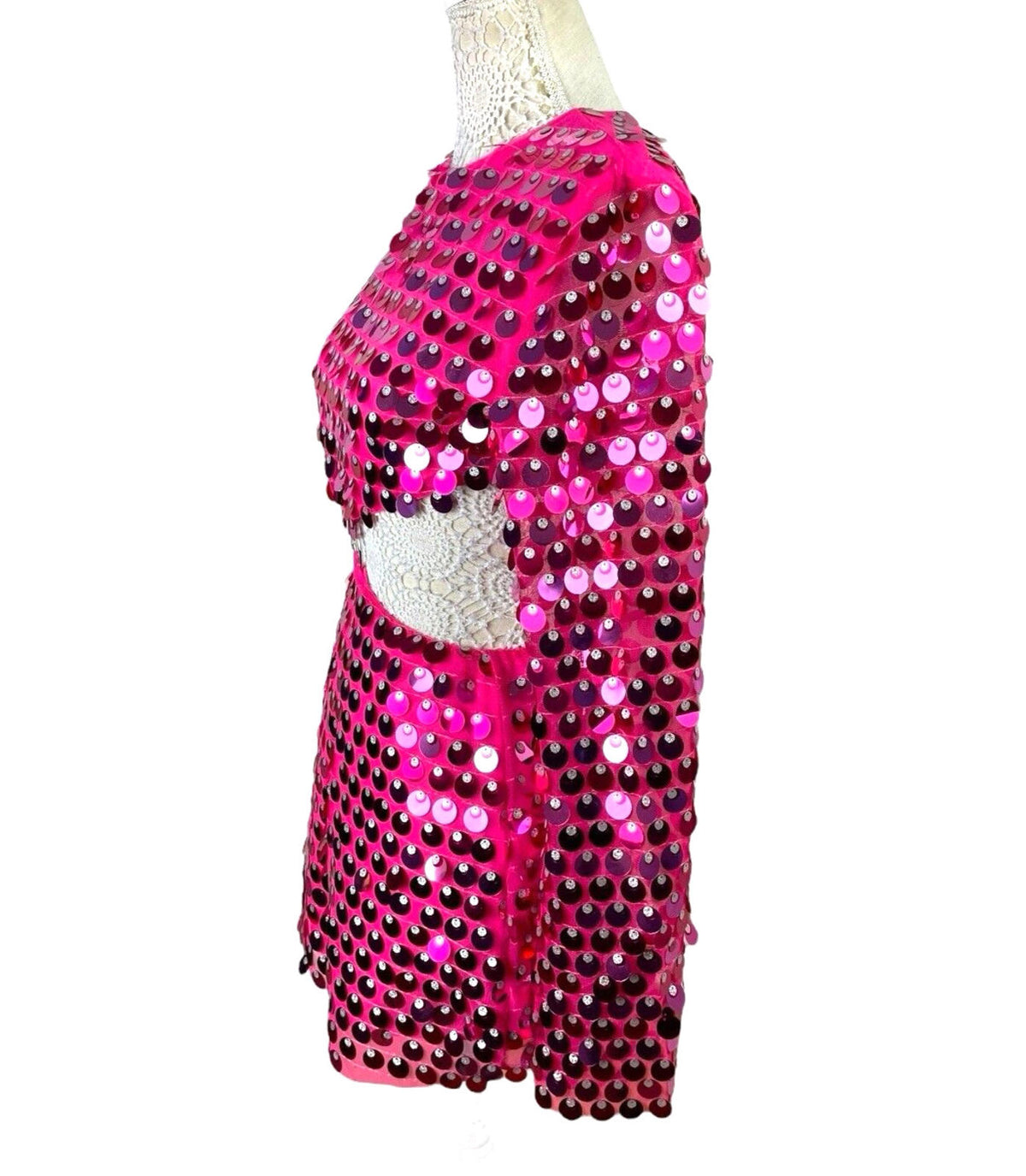 Bright Pink Big Sequin Cut Out Mini Dress Long Sheer Sleeve Women's UK Size 8-10