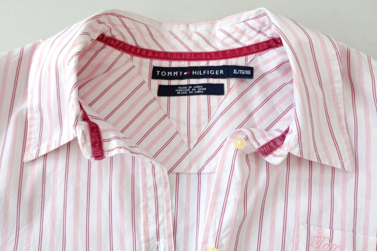 Tommy Hilfiger Shirt Men's UK Size XL Pink Striped Long Sleeve Pockets Easy Care