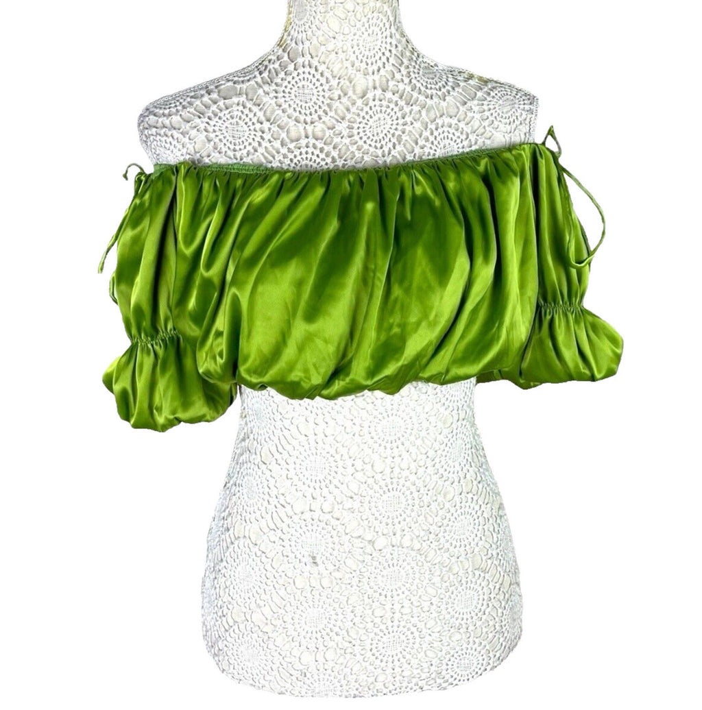 Pretty Little Thing Ruffle Satin Crop Top Green Off Shoulder Women's UK Size 8