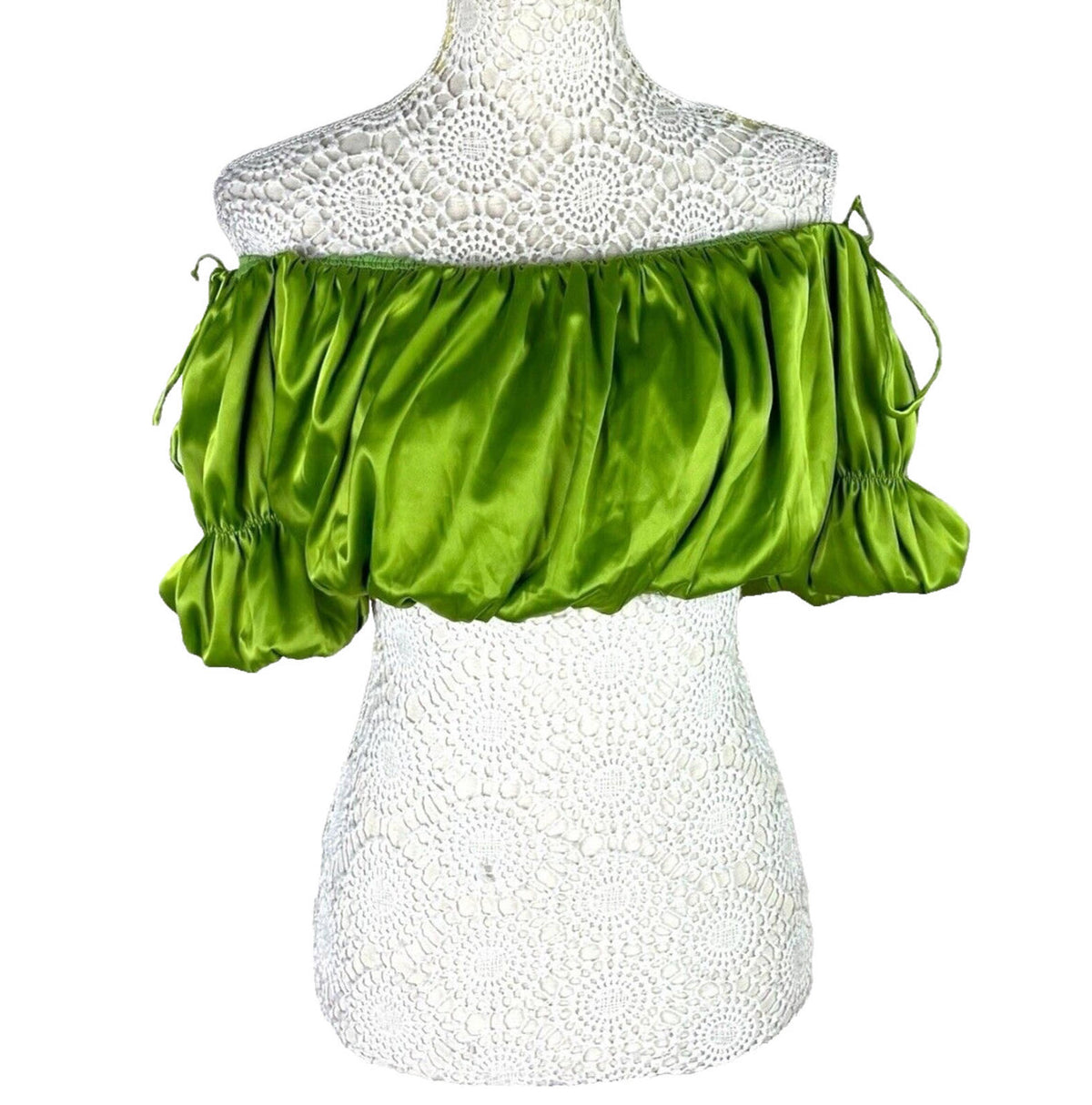 Pretty Little Thing Ruffle Satin Crop Top Green Off Shoulder Women's UK Size 8