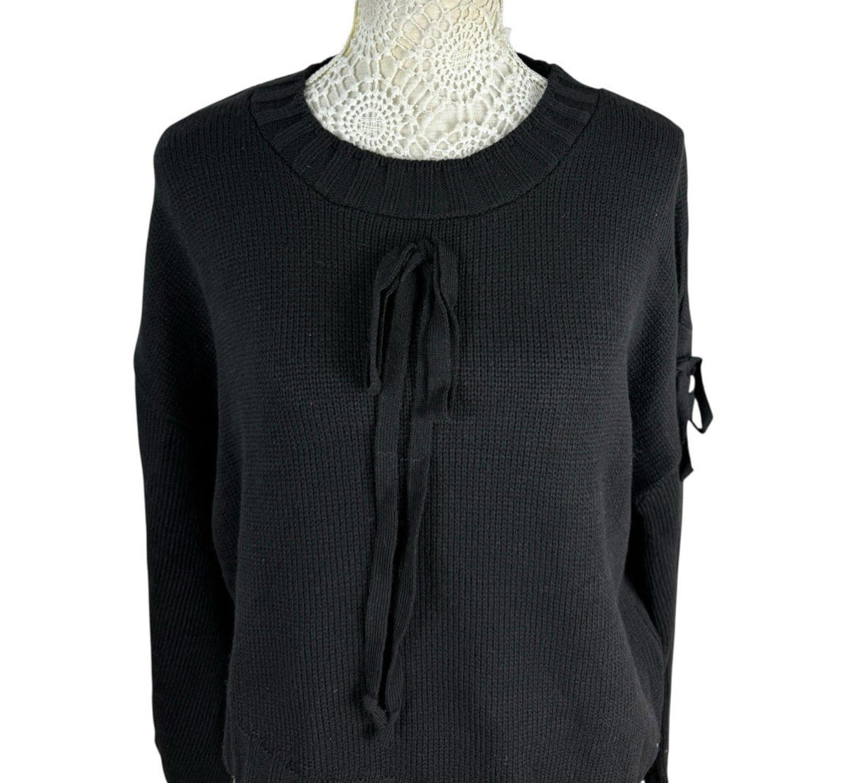 Black Knit Jumper Relaxed Fit Bow Detail Crew Neck Women's UK Size S