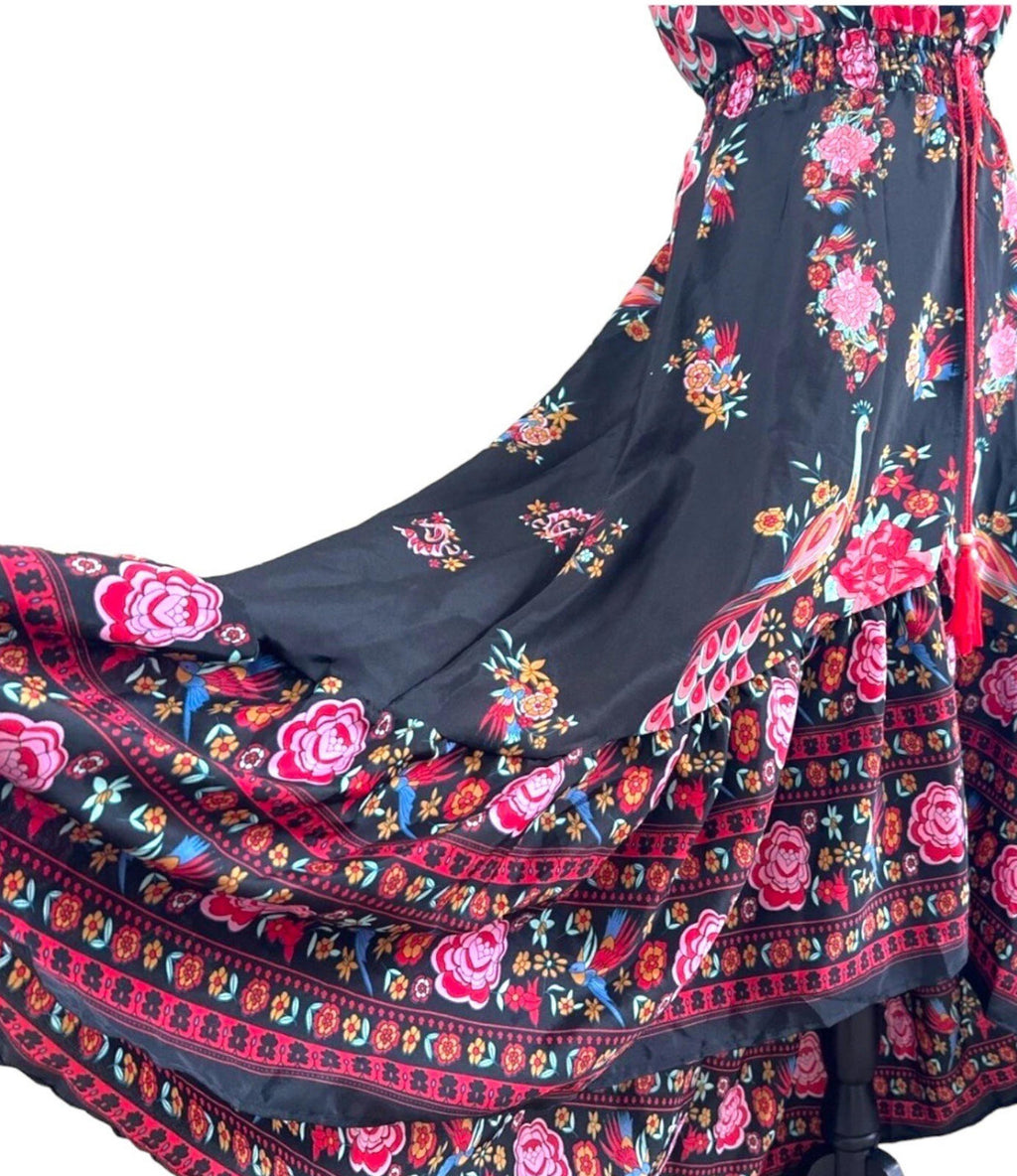 Floral & Peacock Maxi Dress Women's UK Size L Multi Length Button Down Front