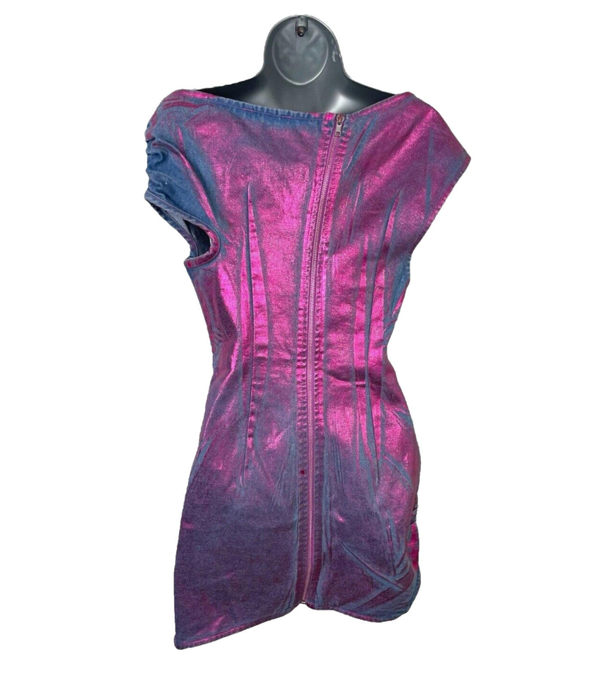 Denim Mini Dress Women's UK Size XS Purple Coated Metallic Distressed Look Y2K