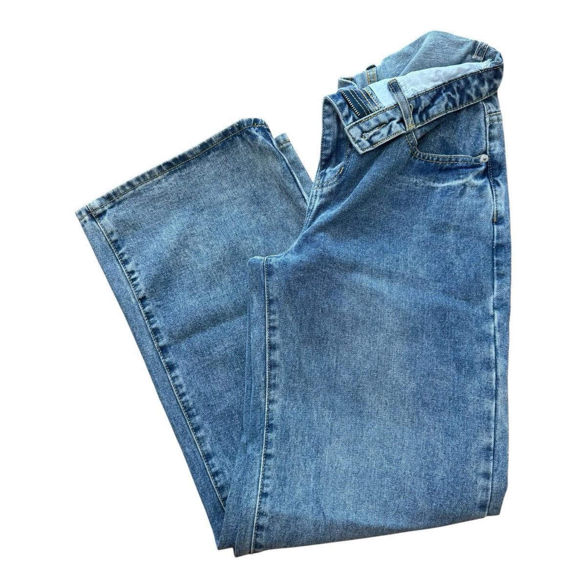 Pretty Little Thing Blue Pretty Little Thing Jeans Fold Over Front Mid Rise Wide Leg Women's UK Size 10