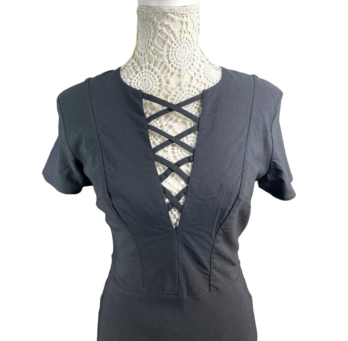 Amy Childs Black Midi Dress Fitted Stretch Women's UK Size 12