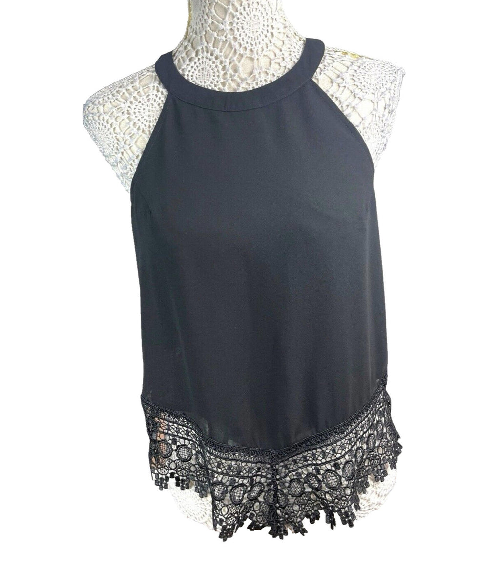 Glamours Black Crochet Hem High Neck Chiffon Tank Women's UK Size 12 Black Halter Sleeveless