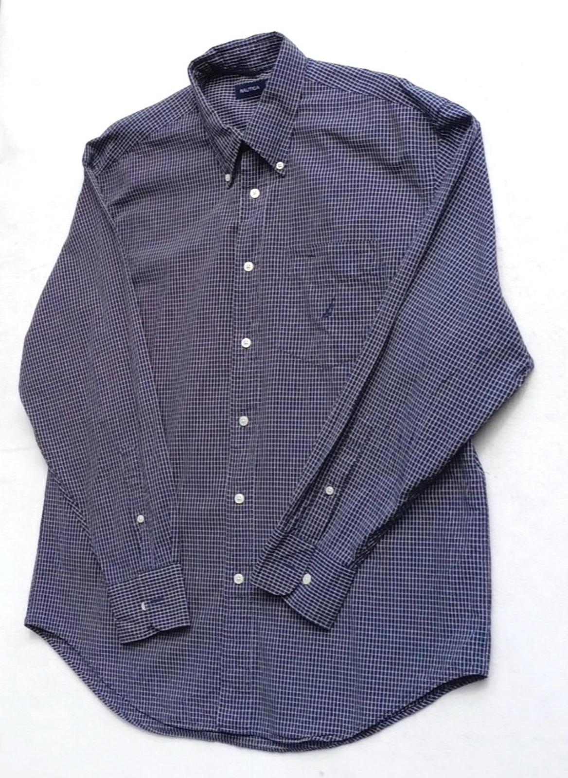 Nautica Blue Check Button Down Shirt Men's UK Size L Long Sleeve Pocket Vintage