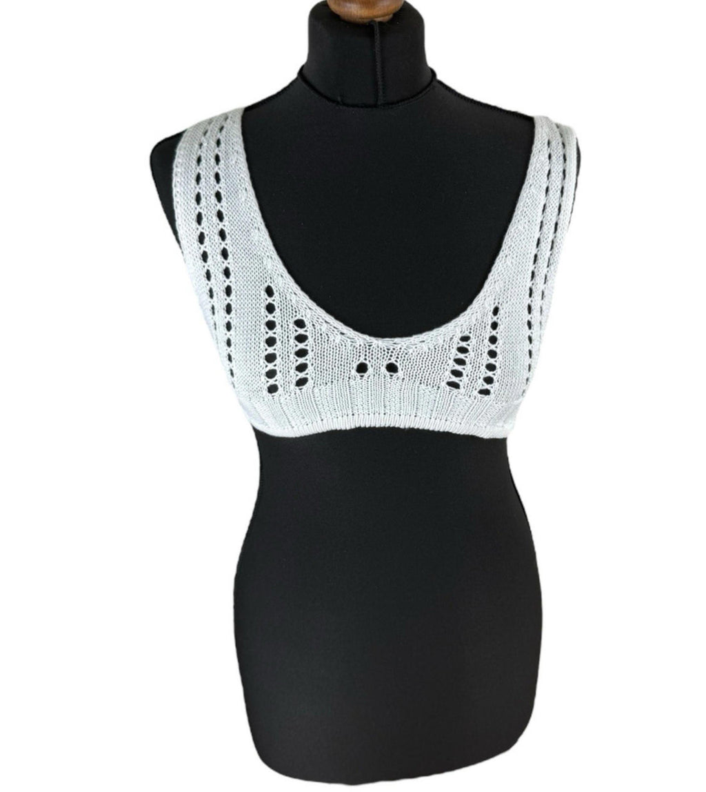 White Knit Micro Crop Top Perforated Hole Design Women's UK Size 8