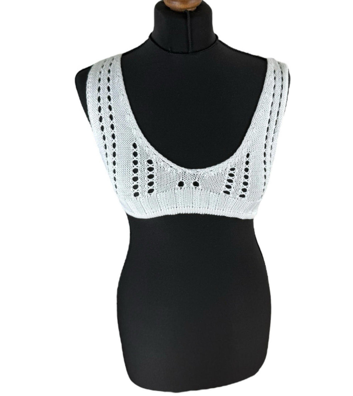 White Knit Micro Crop Top Perforated Hole Design Women's UK Size 8