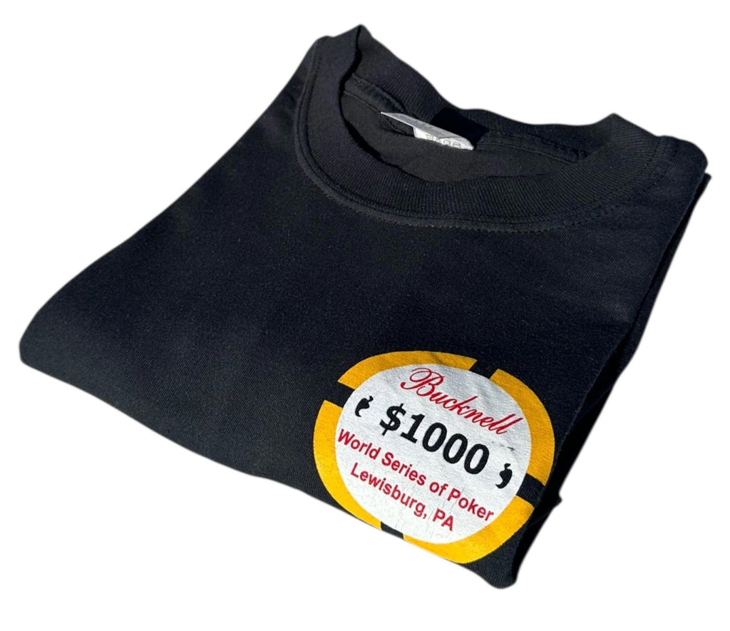 JERZEES Black Bucknell Poker T-Shirt Men's UK Size L Black Graphic Print 2005 Short Sleeve