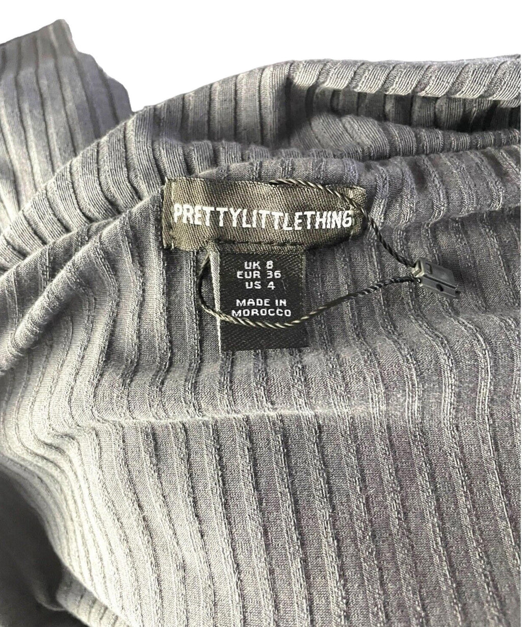 Pretty Little Thing Rib Dress Grey Off Shoulder Women’s UK Size 8
