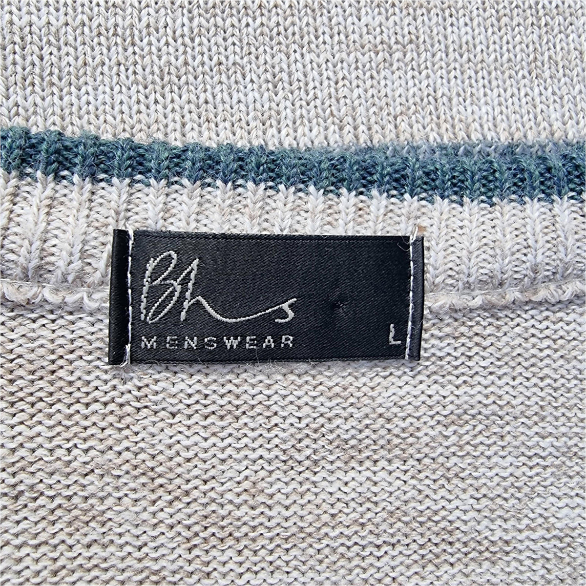 BHS Knit Jumper Men's UK Size L Beige Striped 100% Acrilic V-Neck
