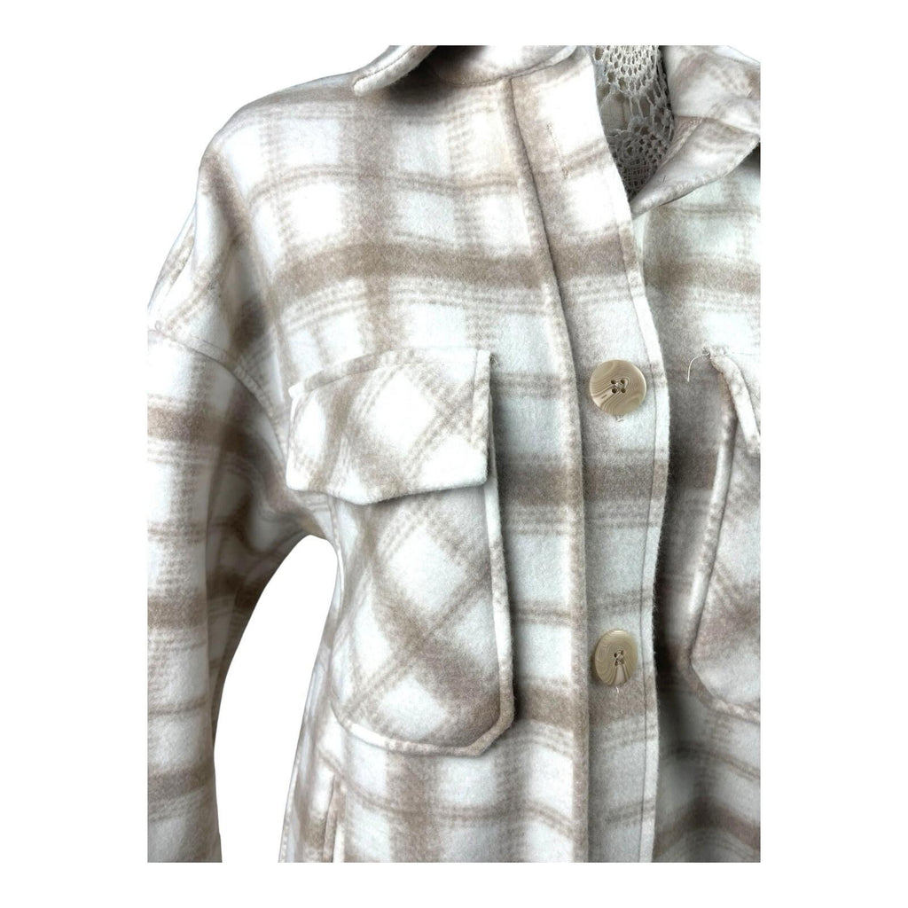 Stradivarius Beige Shirt Jacket Check Brushed Oversized Women's UK Size XS