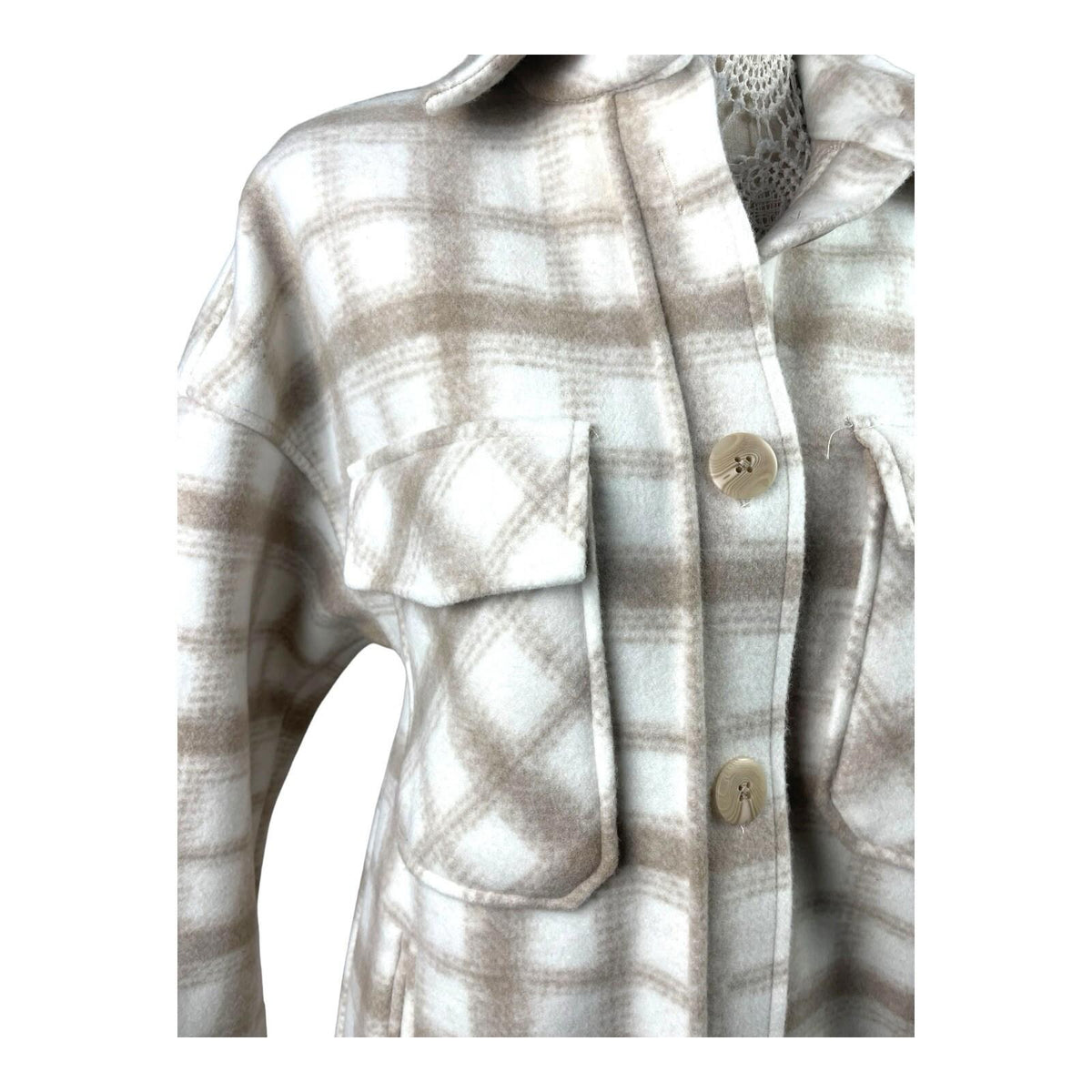 Stradivarius Beige Shirt Jacket Check Brushed Oversized Women's UK Size XS