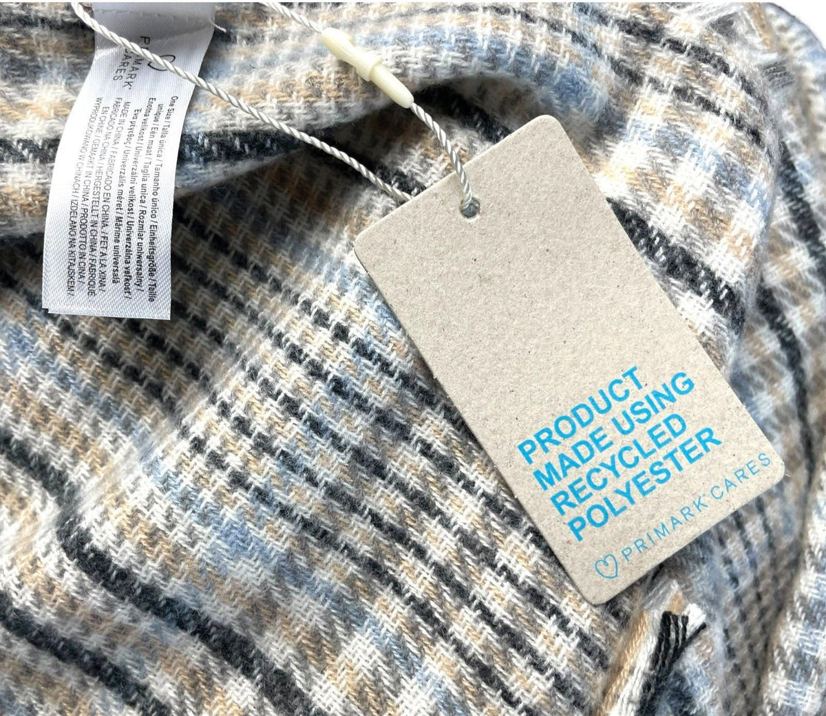 Primark Scarf Shawl Wrap Beige & Blue Checkered XL Soft Touch One Size