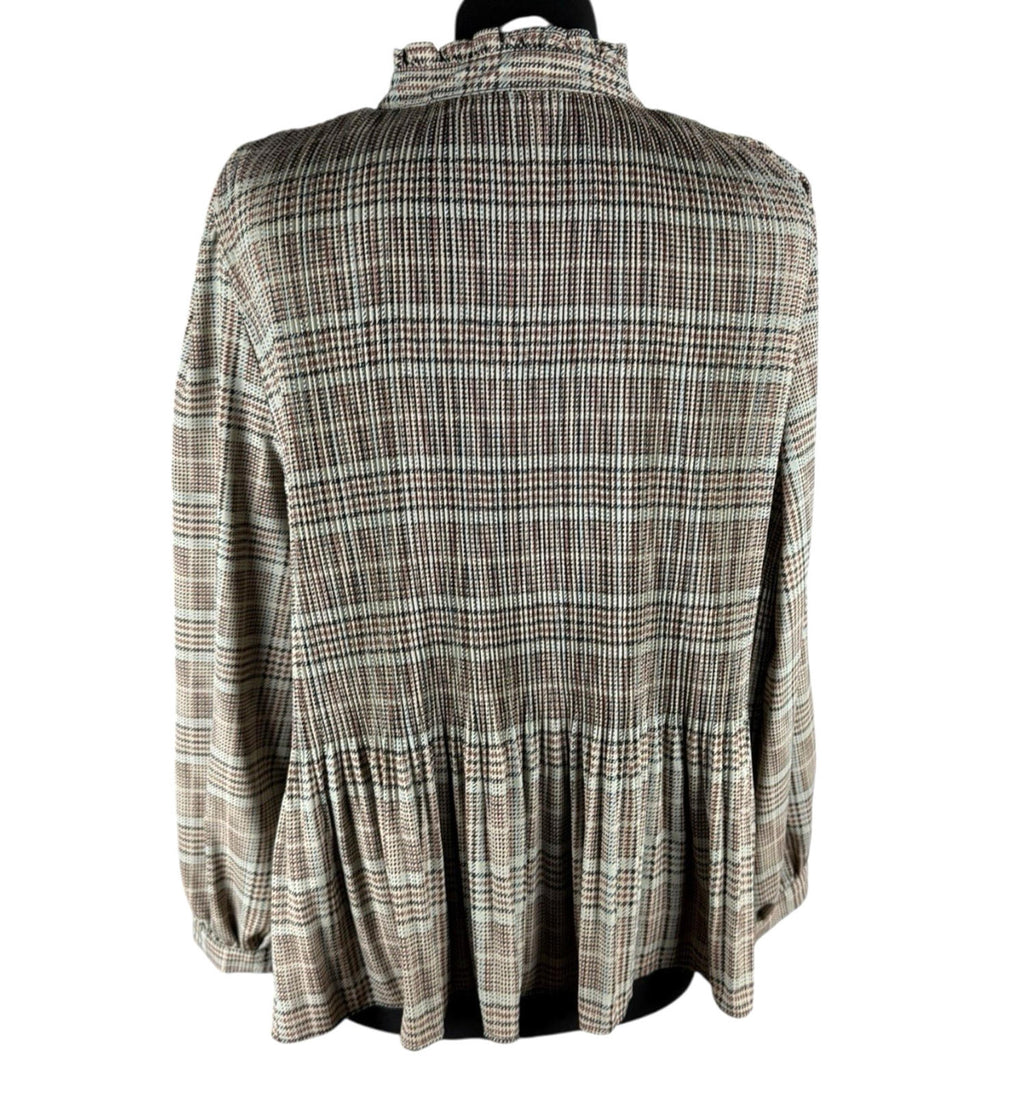 Zara Brown Beige Blouse Tie Neck Top Frilled Hem Women's UK Size L