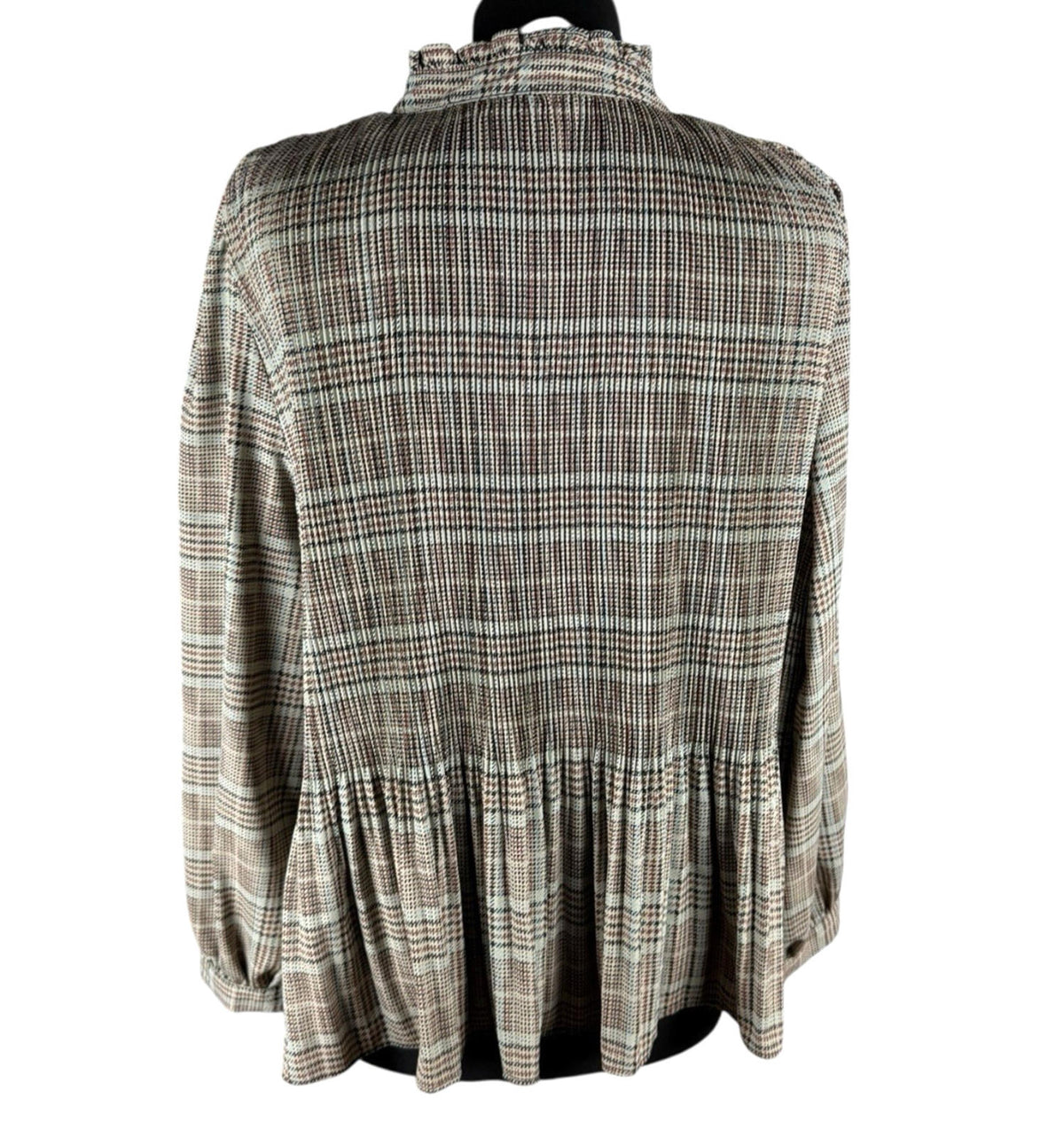 Zara Brown Beige Blouse Tie Neck Top Frilled Hem Women's UK Size L
