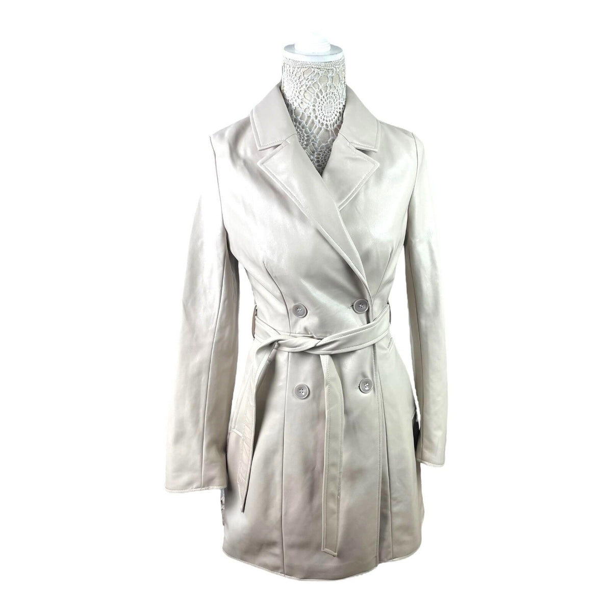 Divided Faux Leather Trench Coat Belted Beige Grey Women's UK Size XS
