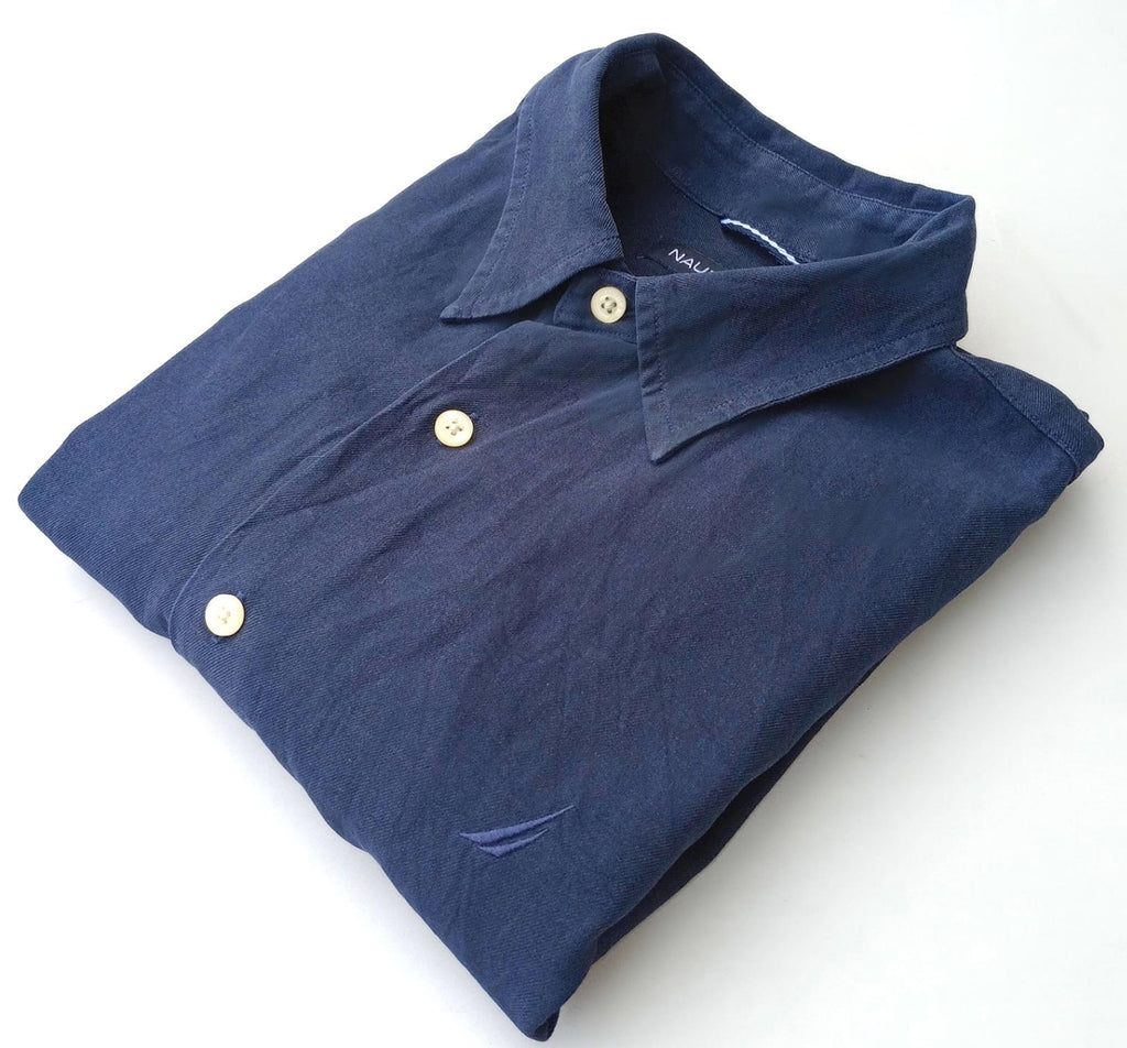 Nautica Shirt Men's UK Size M Blue Short Sleeve Silk Blend Easy Care Embroidered