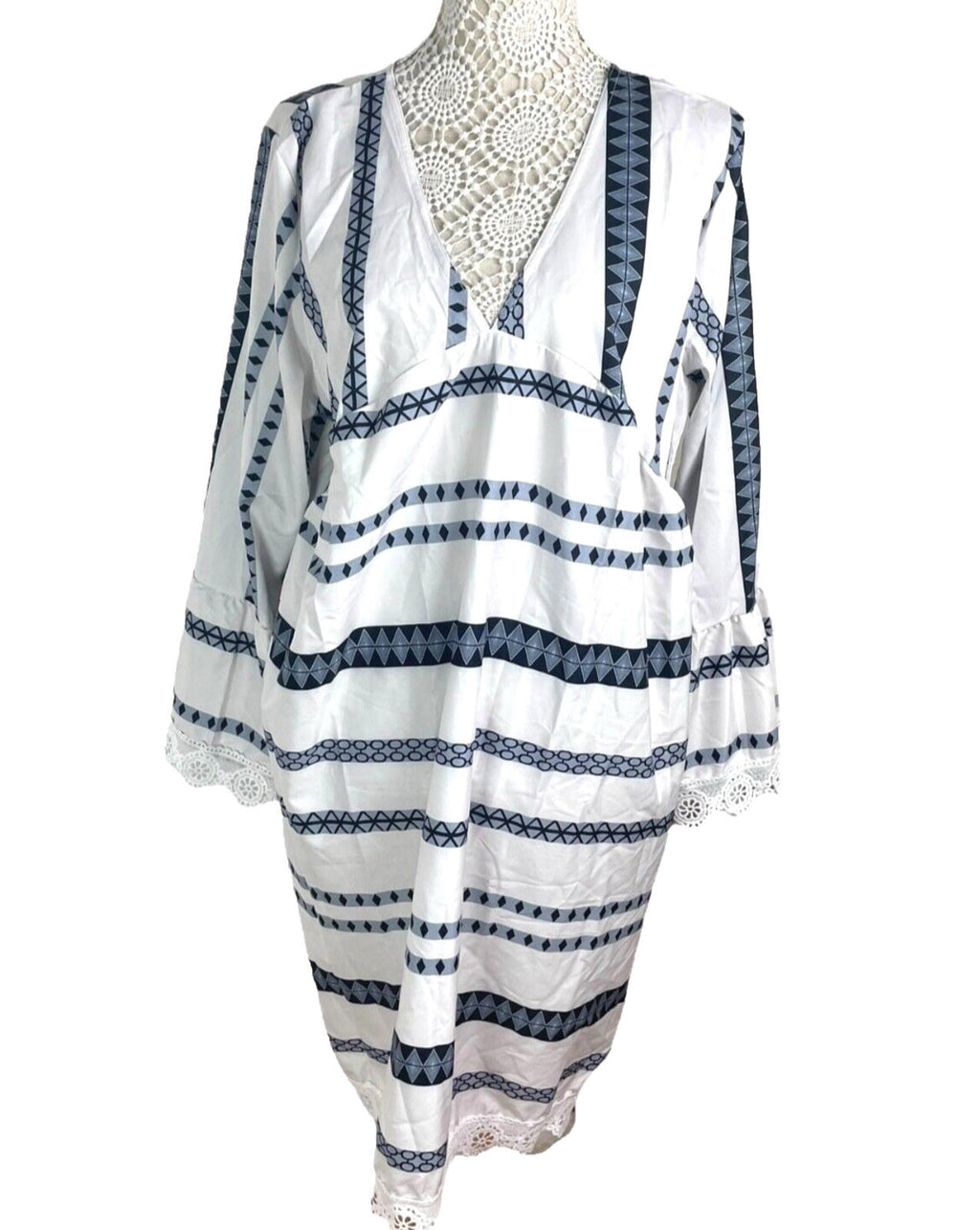 Boho Smock Dress White & Navy Stripe Summer Women’s UK Plus Size XXL (18)