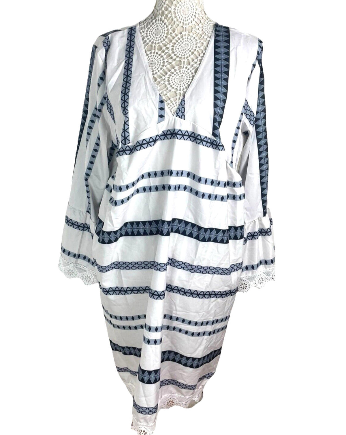 Boho Smock Dress White & Navy Stripe Summer Women’s UK Plus Size XXL (18)