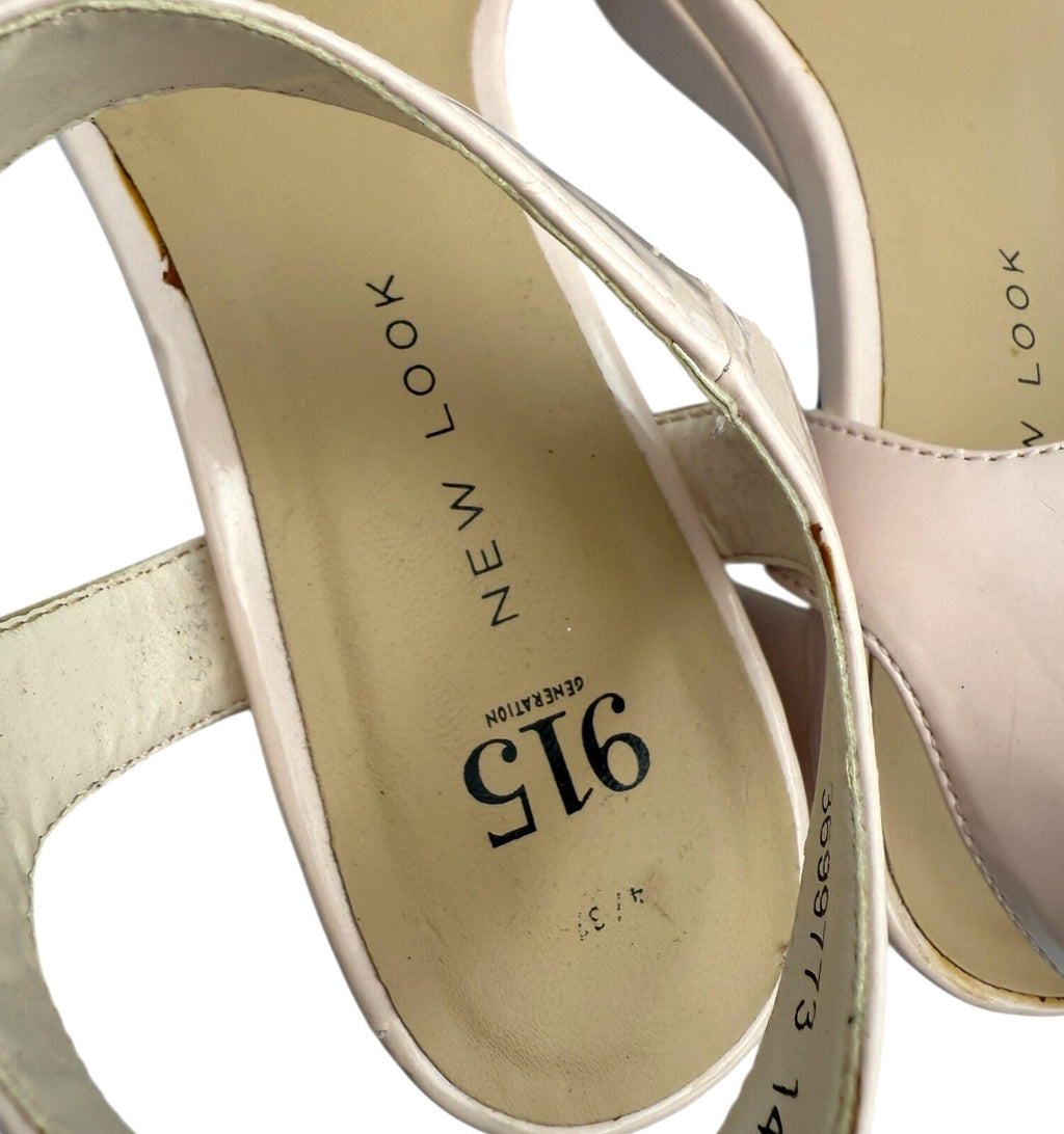 New Look Pink NewLook Open-Toe Sandal Shoes Women's UK Size 4 Block Heel Patent Leather Nude