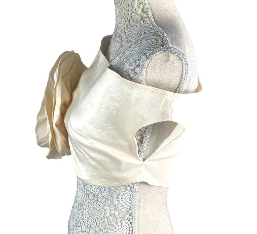 Nasty Gal Beige One Shoulder Crop Top Big Flower Occasion Women's UK Size 10