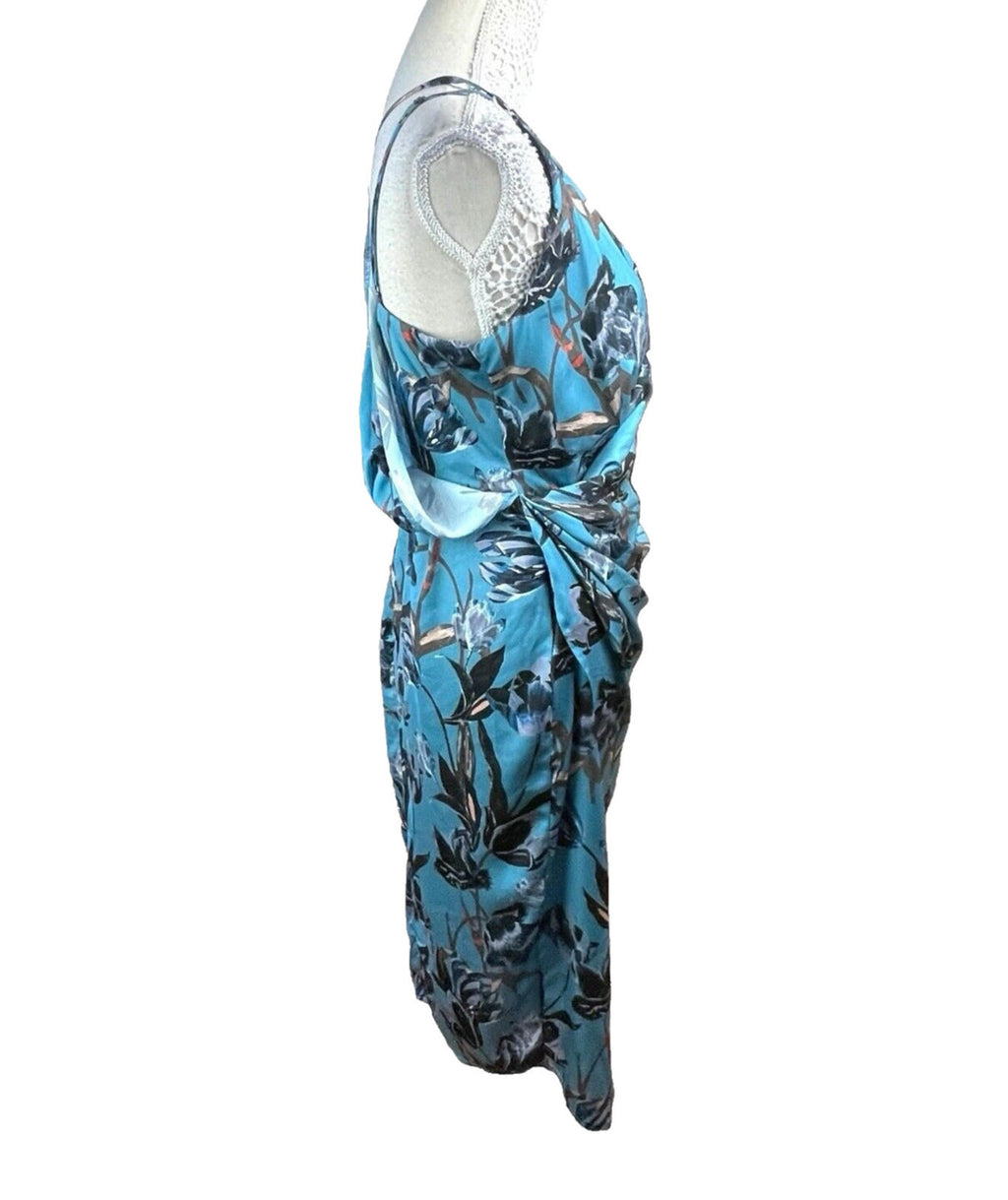 ASOS Blue Floral Midi Dress Silk Effect Women's UK Size 12