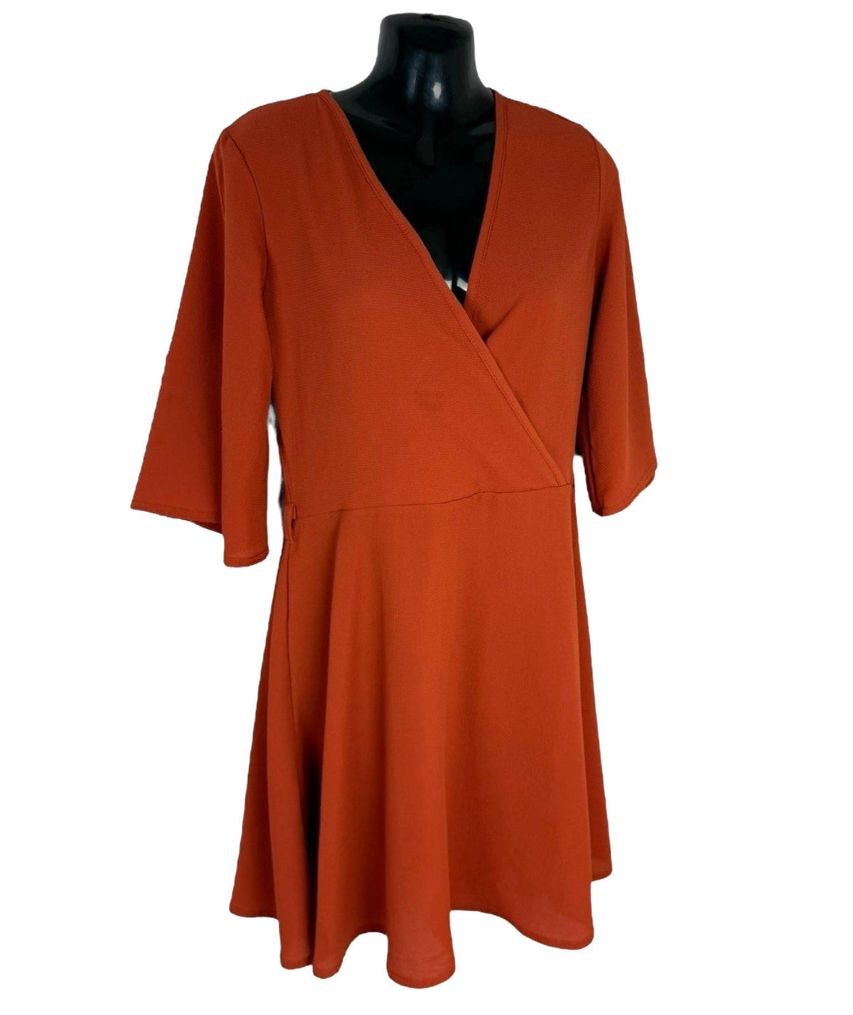 Boohoo Burnt Orange Mini Dress V Neck 3/4 Sleeve Women's UK Size 12