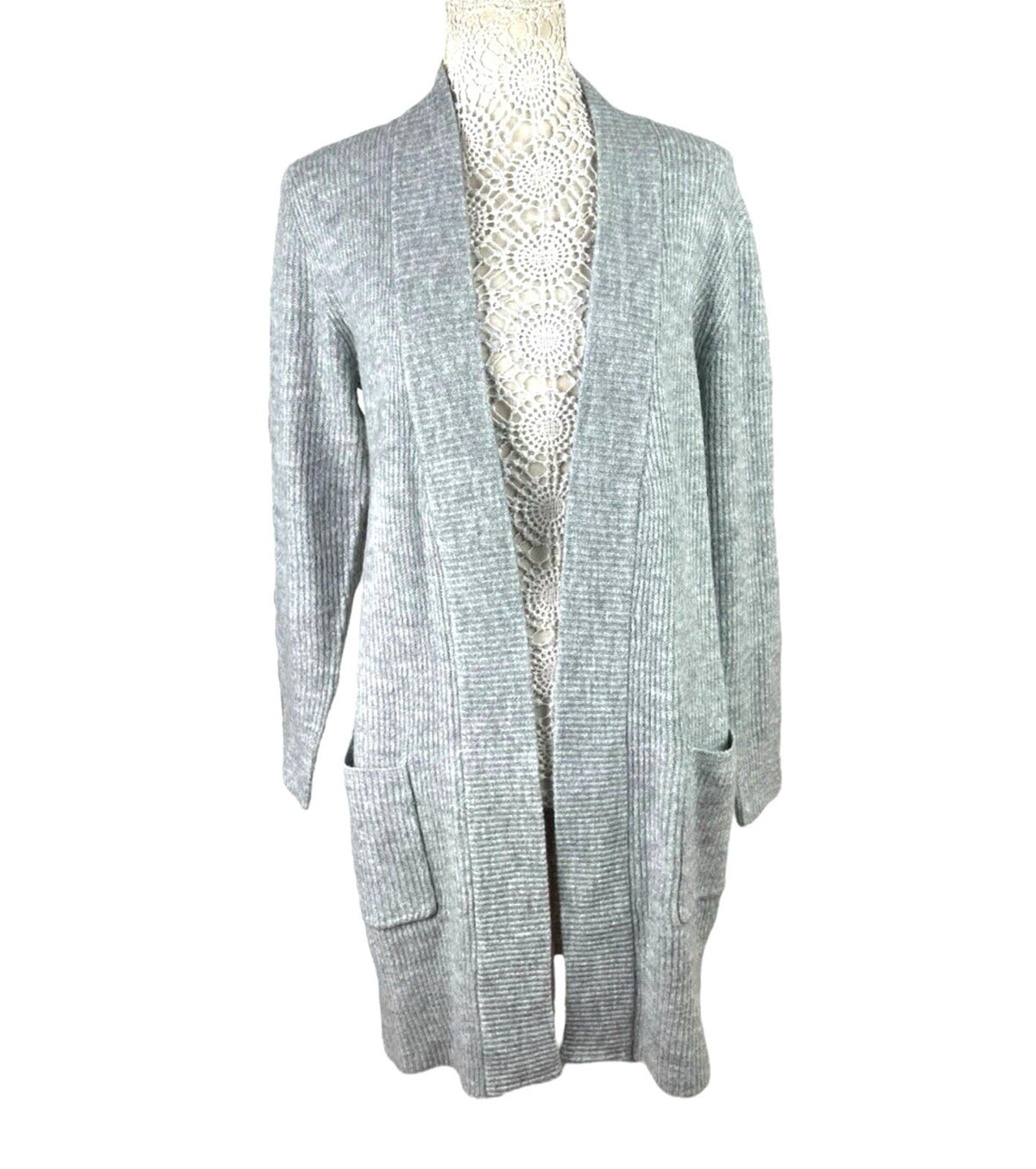 New Look Longline Knit Cardigan Women's UK Size S Grey Ribbed Open Front Pockets