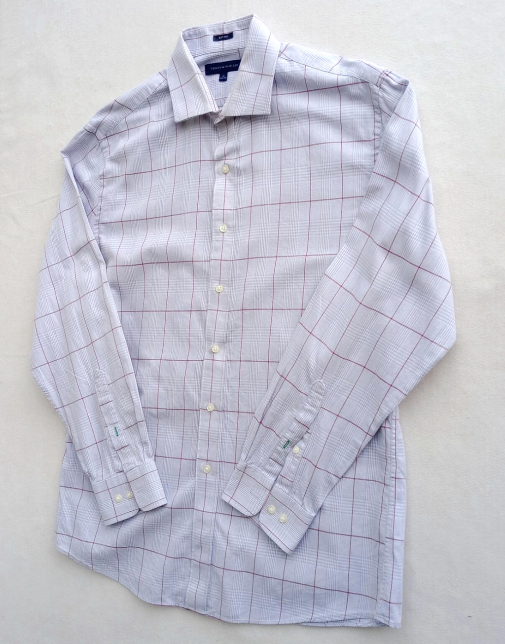 Tommy Hilfiger Shirt Men's UK Size L Beige Check Long Sleeve Pockets Slim Fit