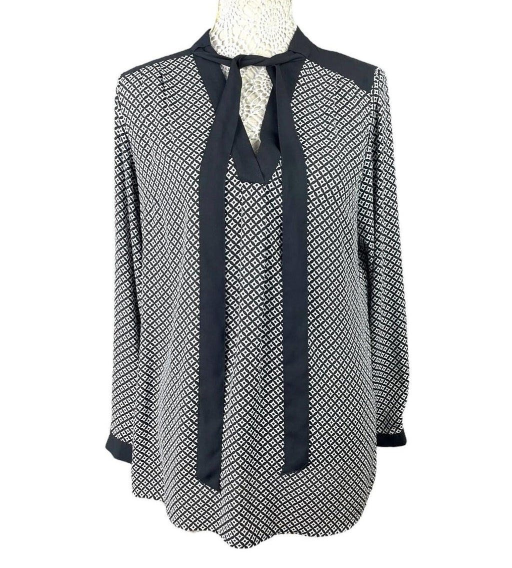 Marks & Spencer Black Marks & Spencer Long Sleeve Blouse Women's UK Size 14 Tie Neck Geometric Print
