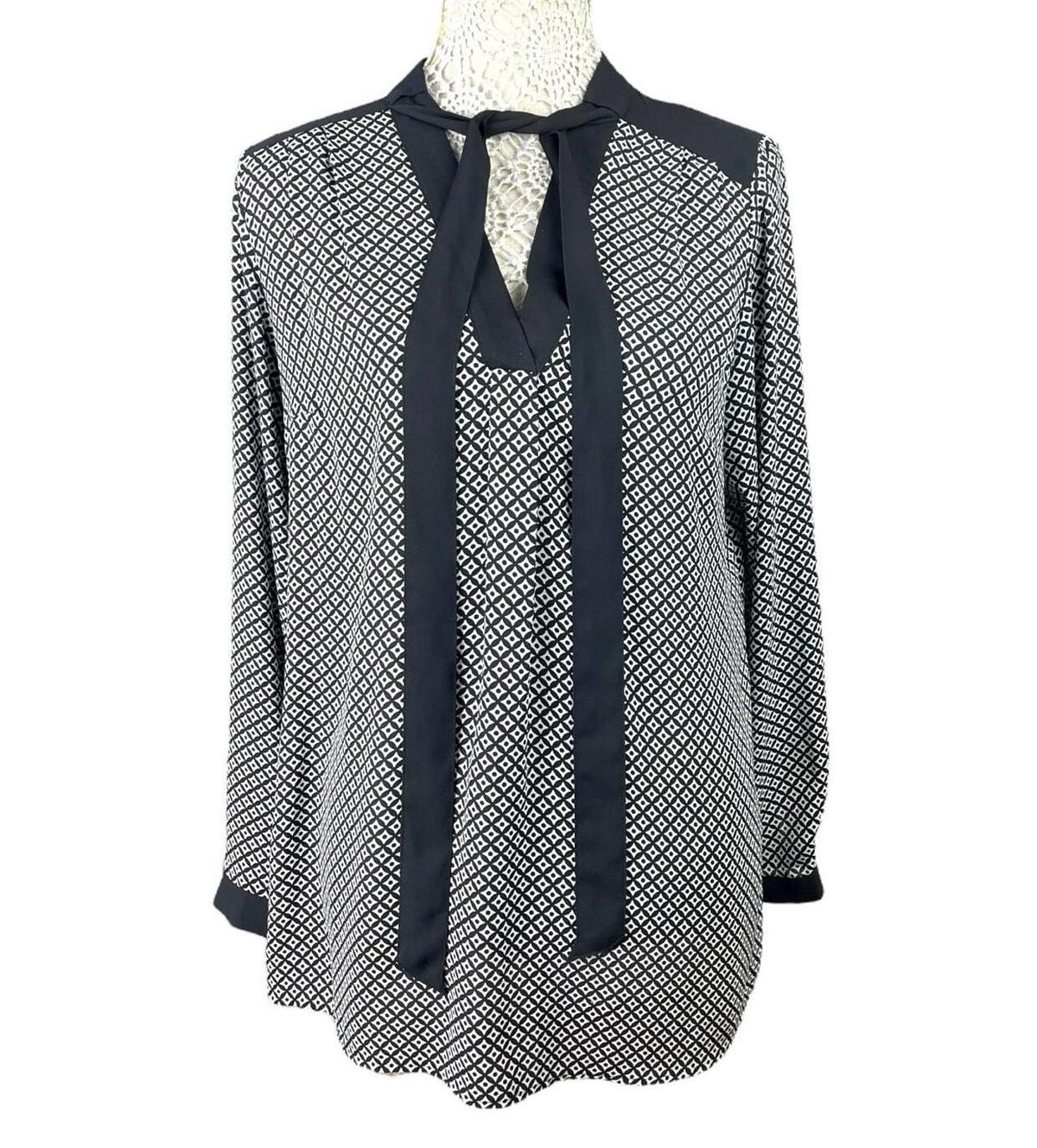 Marks & Spencer Black Marks & Spencer Long Sleeve Blouse Women's UK Size 14 Tie Neck Geometric Print