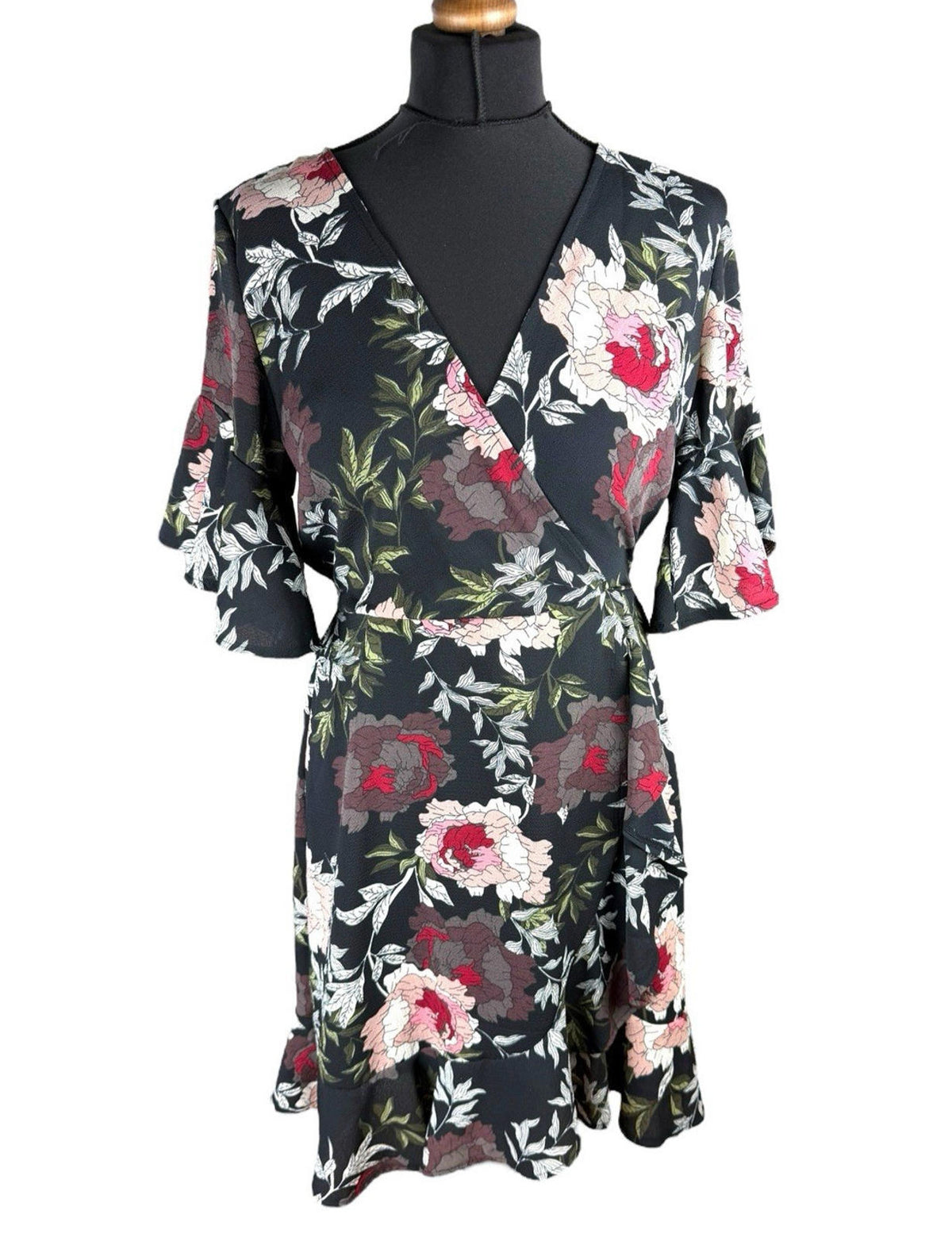AX Paris Dress Black Floral Wrap Front Frill Knee Length Women's UK Size 10