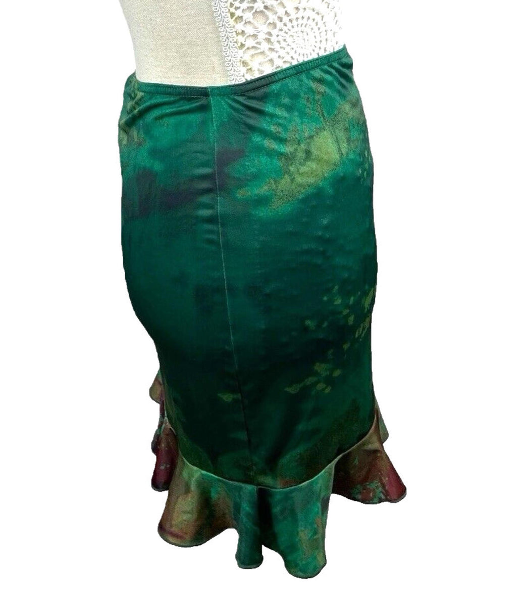 Manor Mini Skirt Dark Green Satin High Waist Frilled Hem Women's UK Size 8