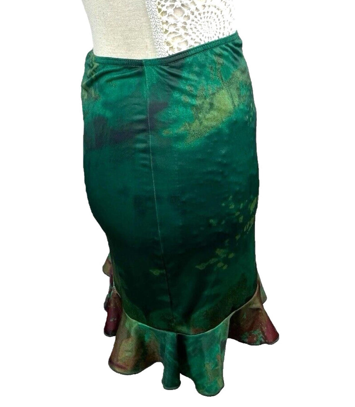 Manor Mini Skirt Dark Green Satin High Waist Frilled Hem Women's UK Size 8