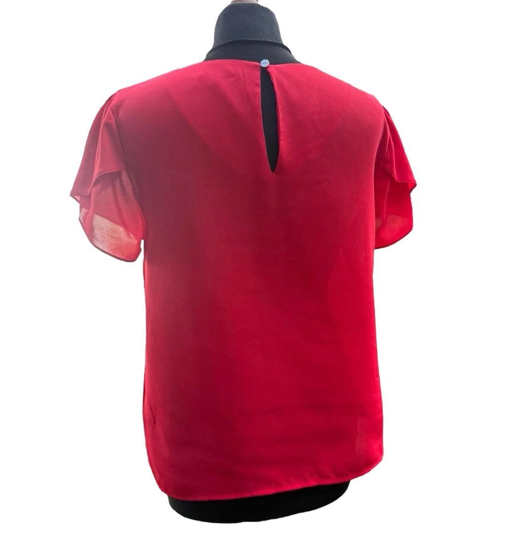 Oasis Bright Red Chiffon Top Short Frill Sleeve Round Neck Women's UK Size 12