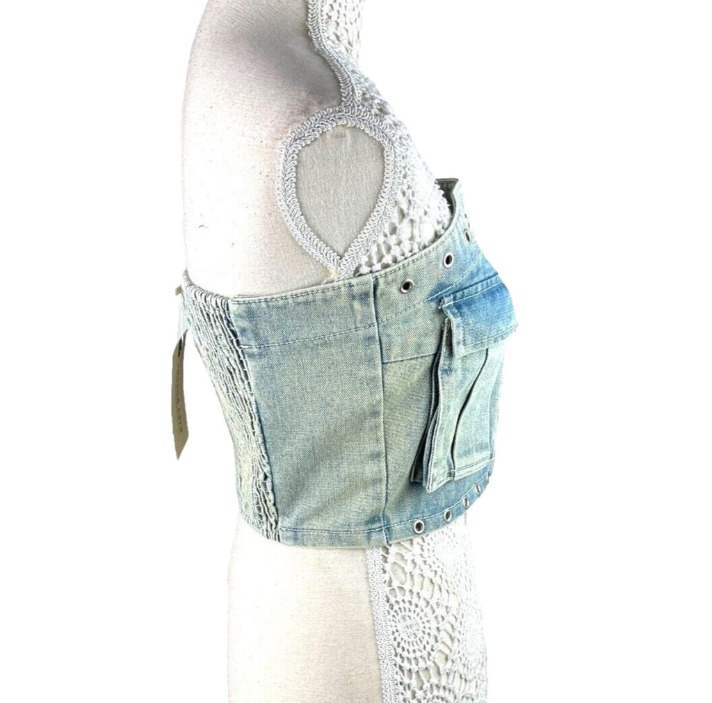 London Crew Light Wash Denim Crop Top Women's UK Size 8 Blue Pockets Shirred