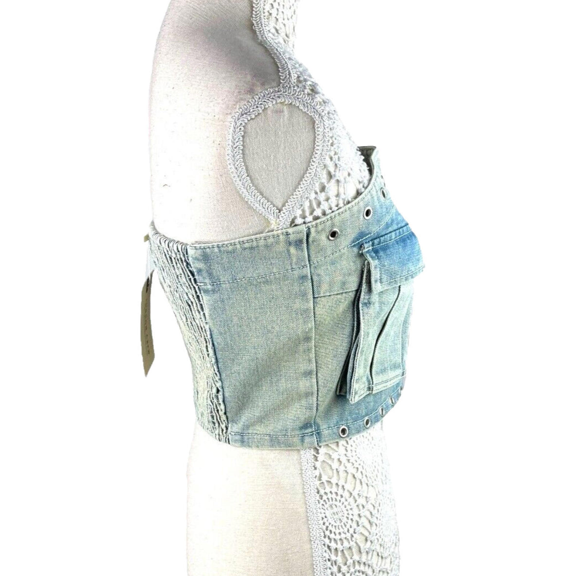 London Crew Light Wash Denim Crop Top Women's UK Size 8 Blue Pockets Shirred