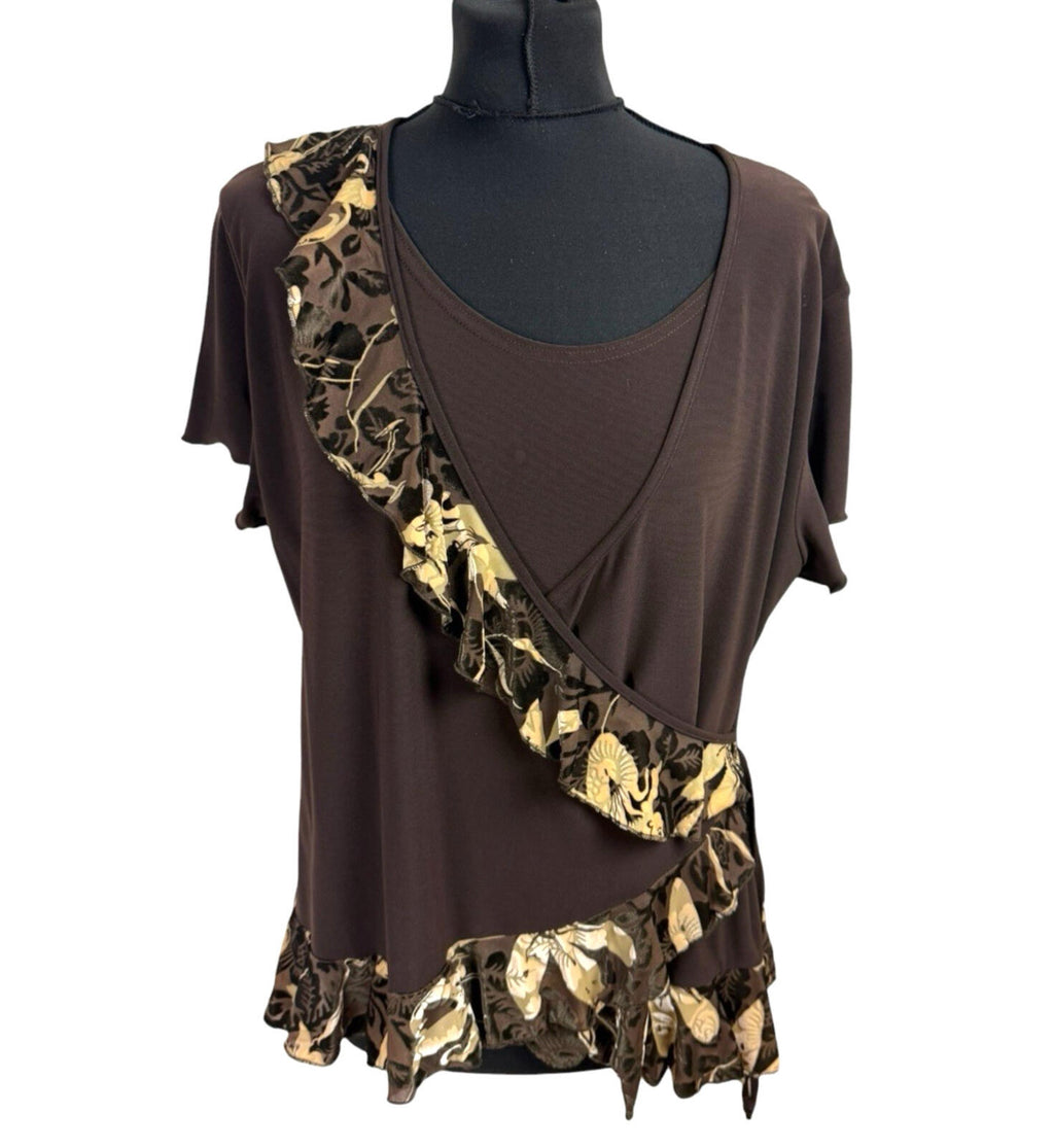 Saksos Skirt And Top Co-Ord Set Women's UK Size XL Stretch Floral Frill Brown