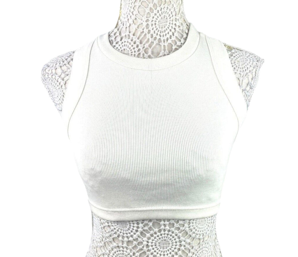 Ribbed Racerback Crop Top Women's UK Size S Ivory Crew Neck Sleeveless Summer