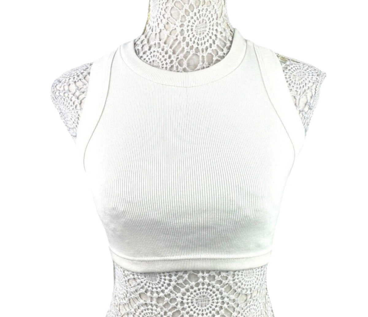 Ribbed Racerback Crop Top Women's UK Size S Ivory Crew Neck Sleeveless Summer