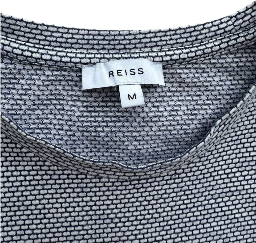 Reiss White Reiss T-Shirt Men's UK Size M White & Blue Geometric Block Print Crew Neck