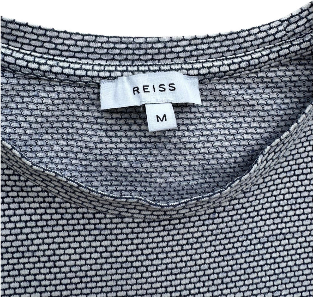 Reiss White Reiss T-Shirt Men's UK Size M White & Blue Geometric Block Print Crew Neck