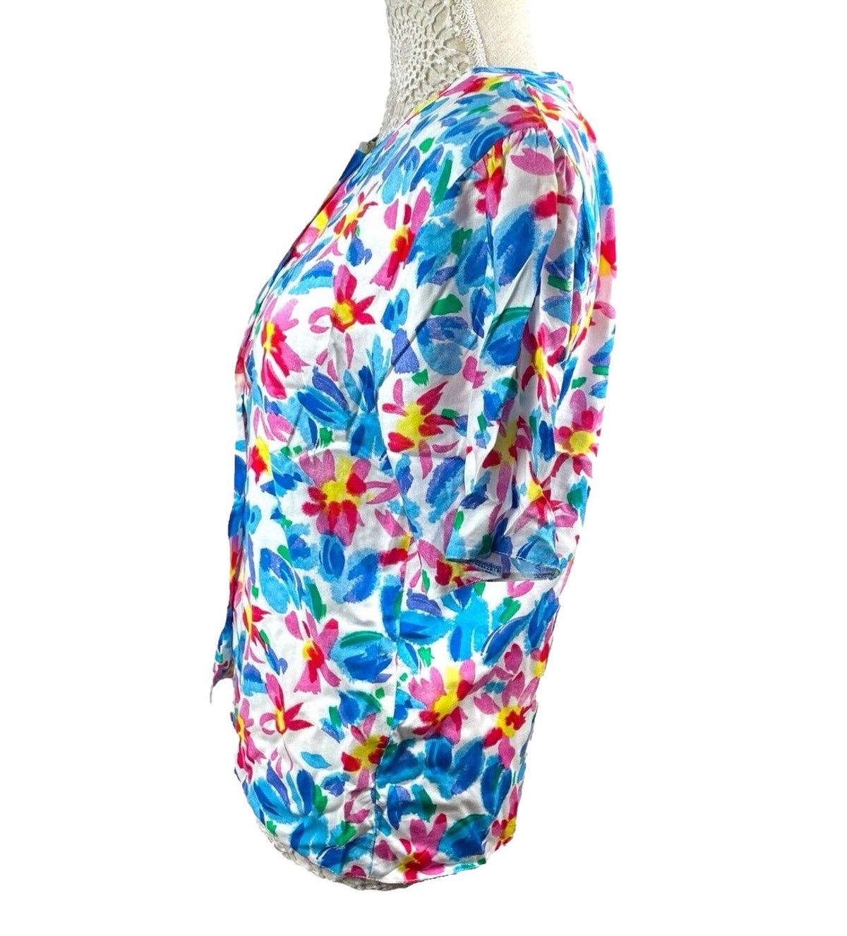 Features White Floral Shirt Blouse Women's UK Size 12 Multicolored Short Sleeve Collarless