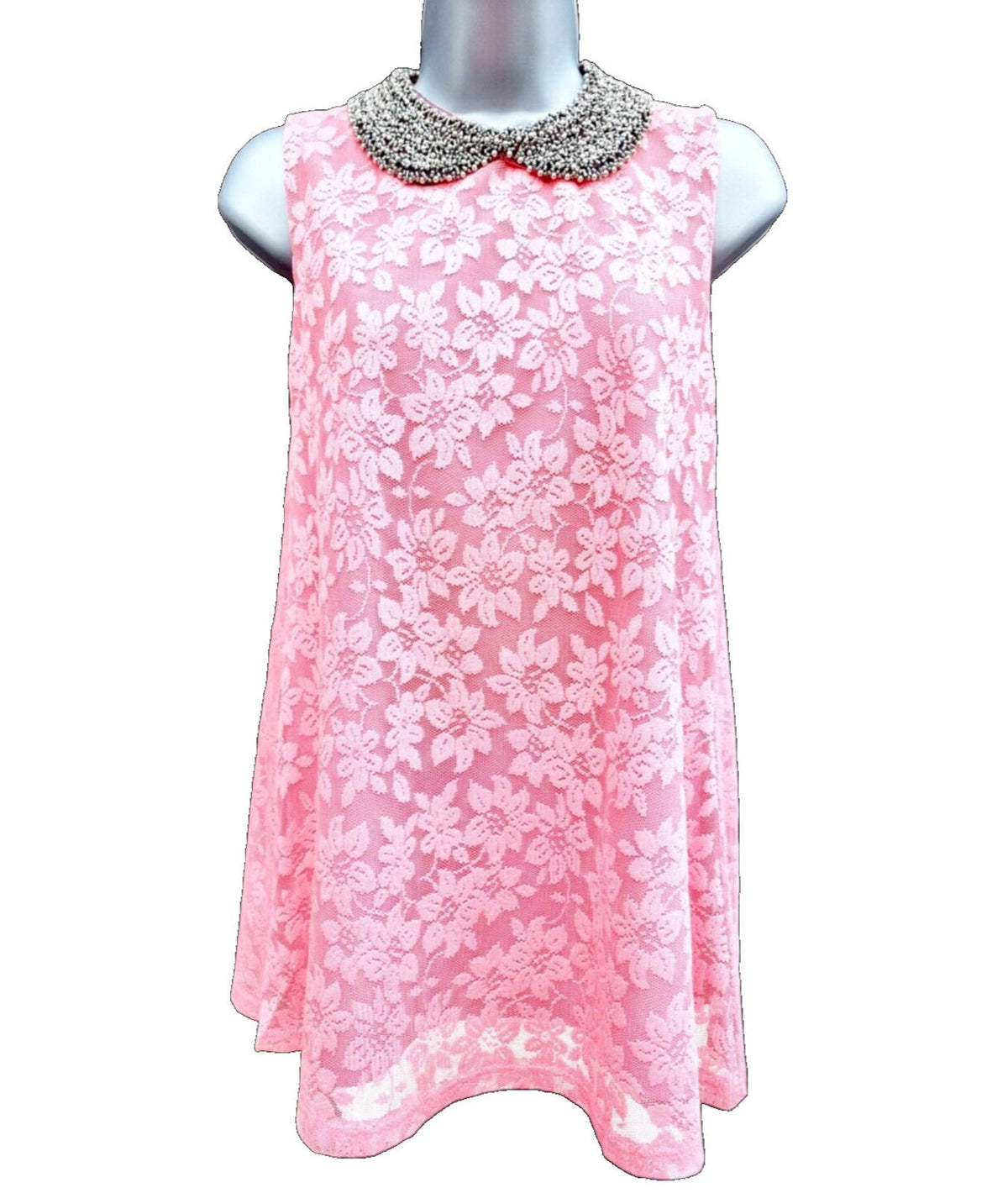Select Mini Dress Women's UK Size 10 Pink Floral Lace Overlay Embellished Collar