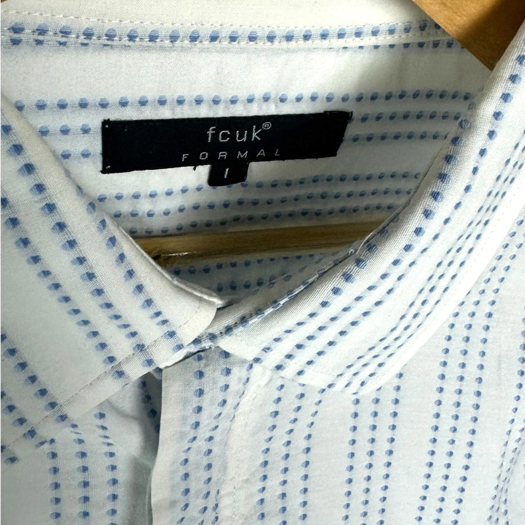 FCUK Formal Button Up Stripe Shirt Men's UK Size L White & Blue Long Sleeve